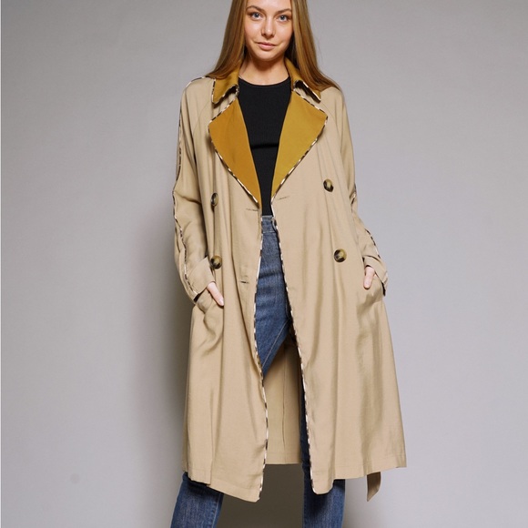 NWT Mystree Trench Coat Khaki Mustard Belted Pockets Flowing Detailed Piping - Picture 2 of 13